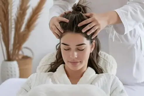 a woman receiving scalp massage therapy.